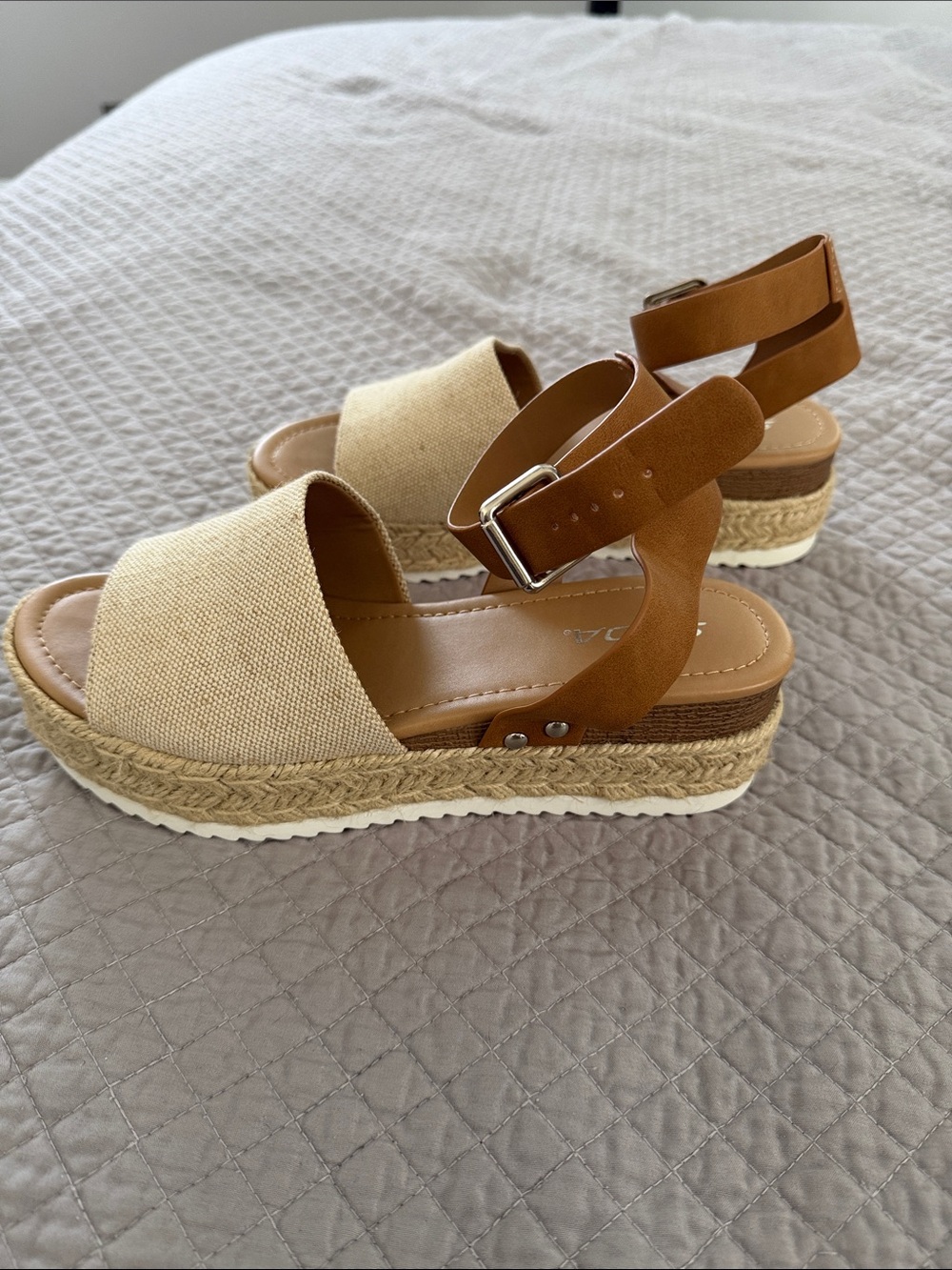 Women's Beige Canvas Espadrille Wedge Sandals with Camel Ankle Strap